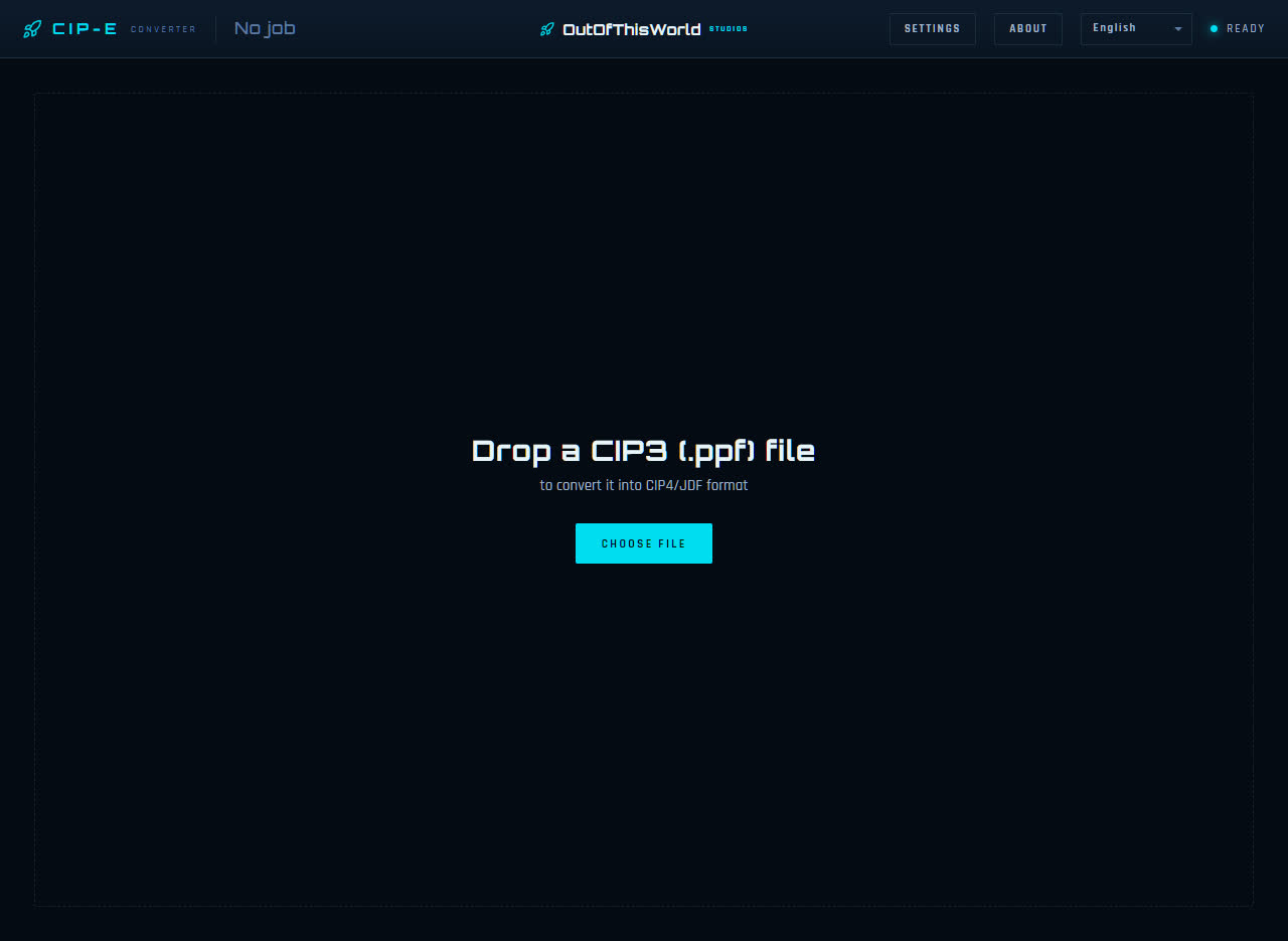 The intake screen: drop a CIP3 file, or choose one